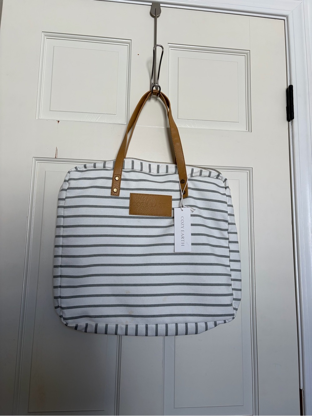 Striped Canvas Tote with Tan Handles